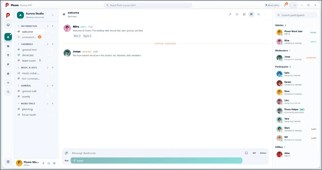 Picom desktop app showing the Aurora Studio community workspace
